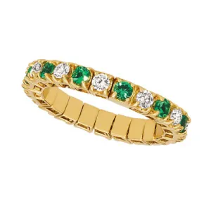 1.55 Carat Natural Diamond & Emerald Stretch Eternity Band Ring 14K Yellow Gold