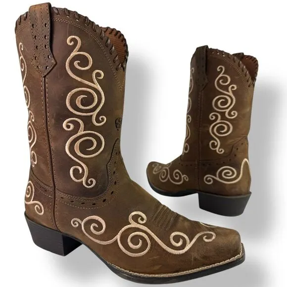 Ariat Shelleen Western Boots Brown Leather Embroidered Big Girl Kid Women 4.5