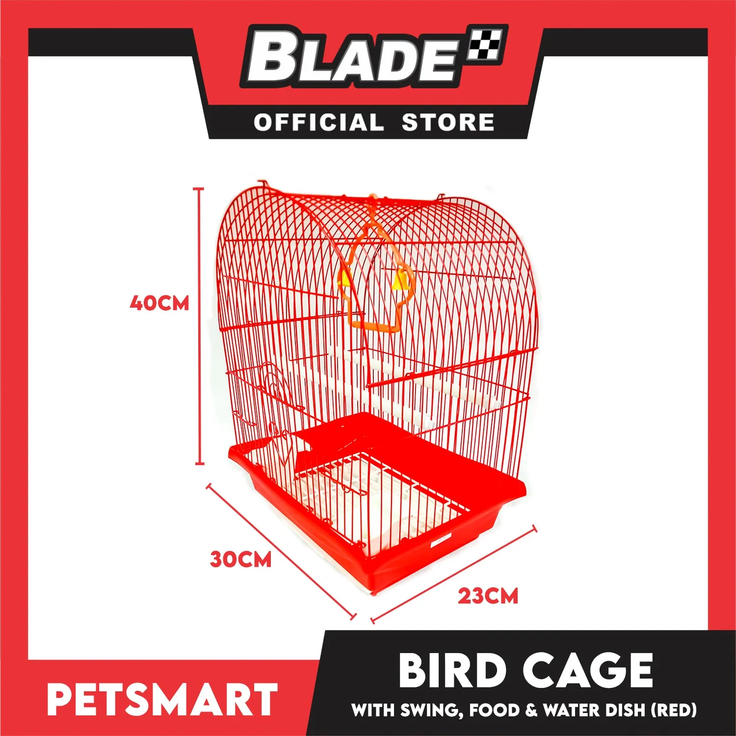 Bird Cage with Swing, Food and Water Dish (1000) Red Color, 30cm x 23cm x 40cm