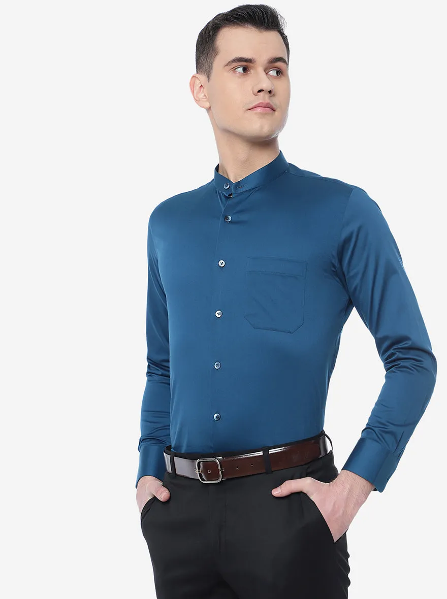Blue Solid Slim Fit Formal Shirt | Metal