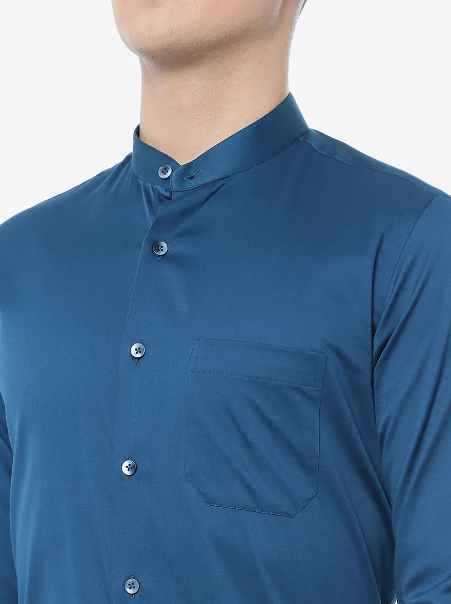 Blue Solid Slim Fit Formal Shirt | Metal