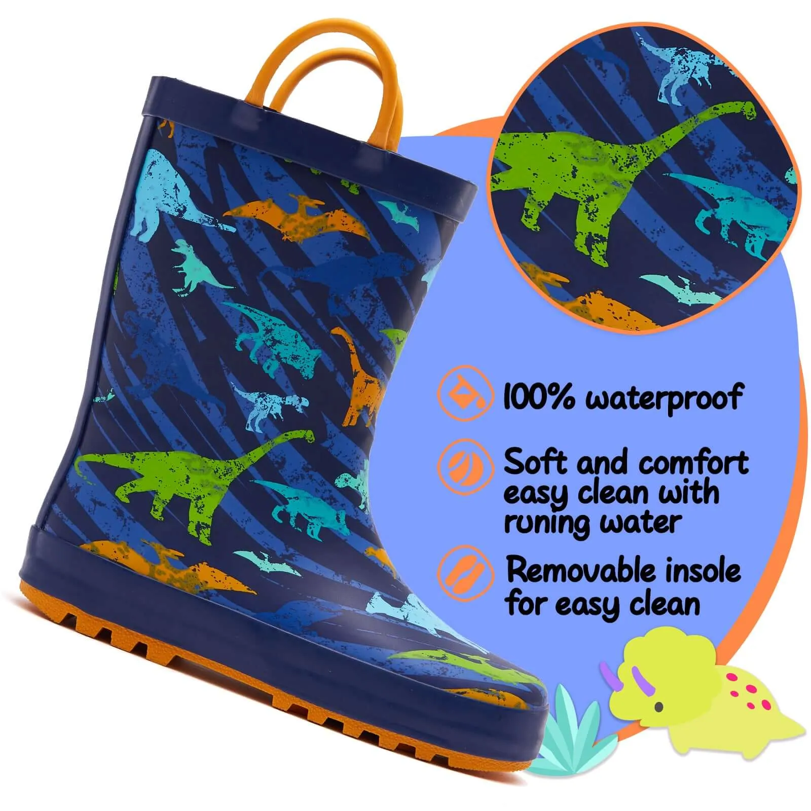 Colorful Dinosaur Kids Rain Boots-Orange