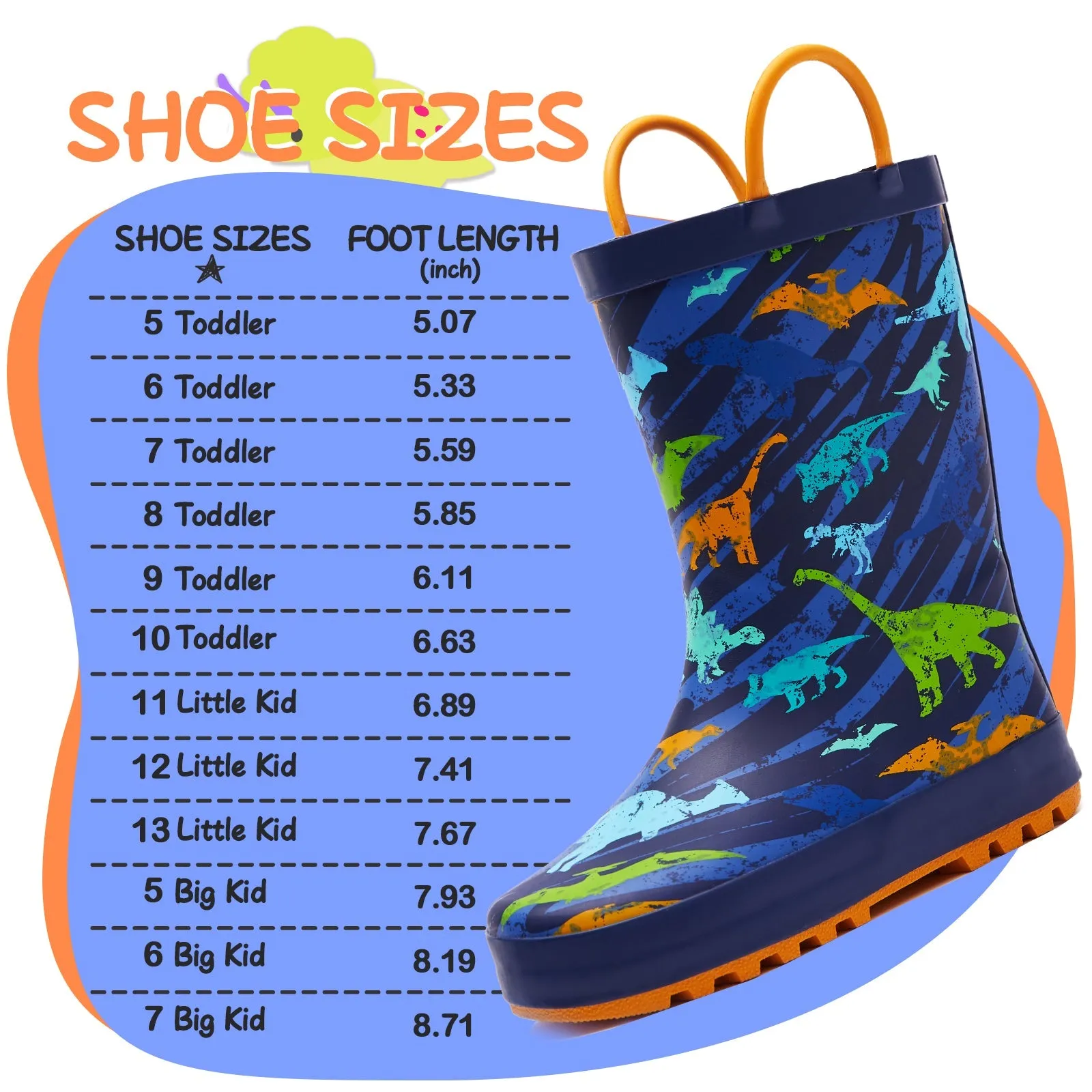 Colorful Dinosaur Kids Rain Boots-Orange