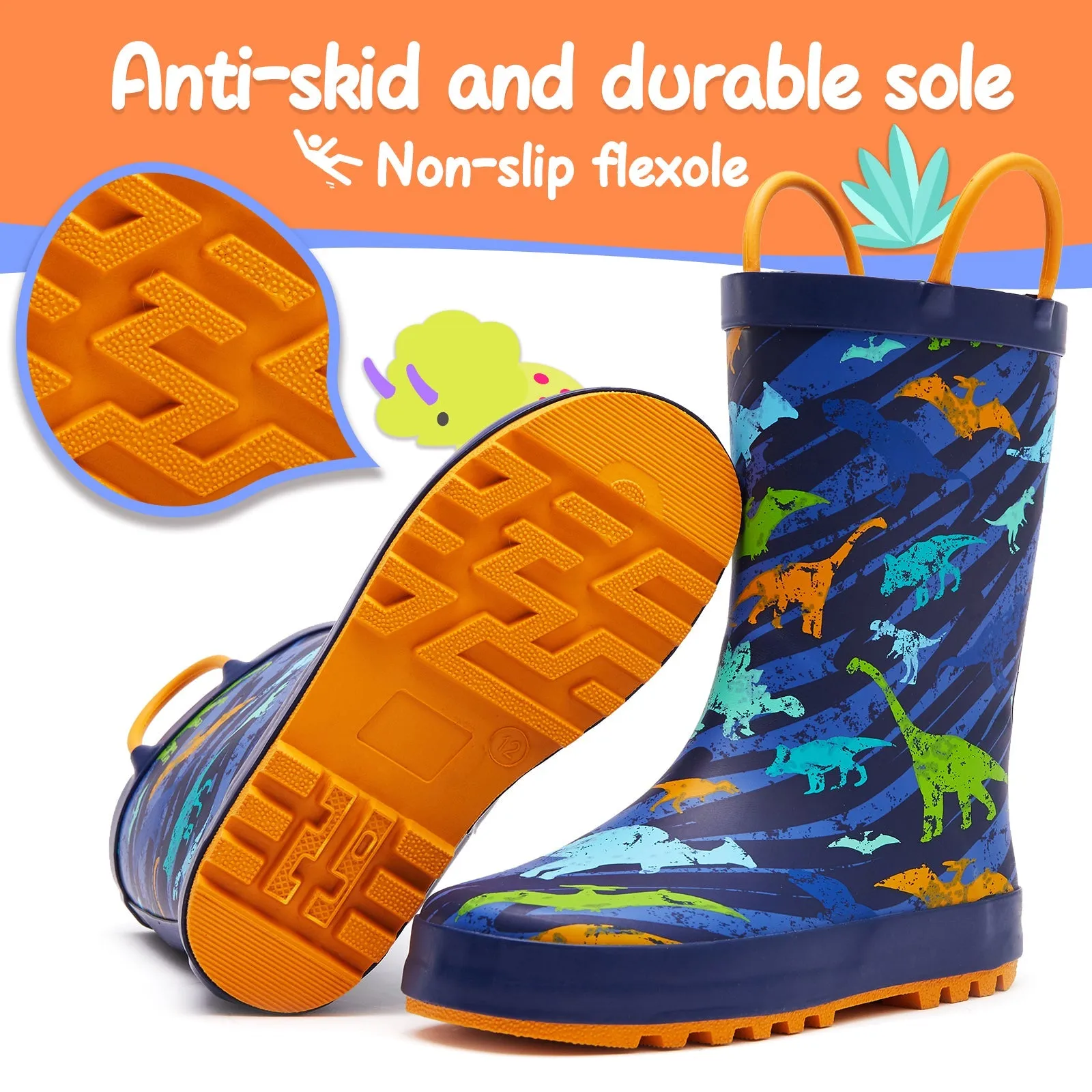 Colorful Dinosaur Kids Rain Boots-Orange