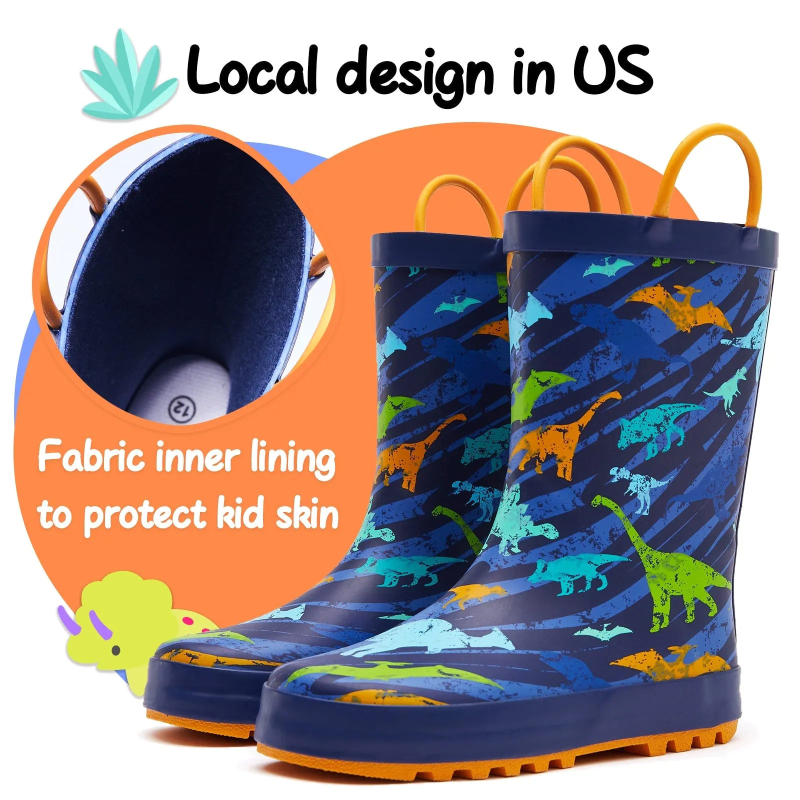 Colorful Dinosaur Kids Rain Boots-Orange