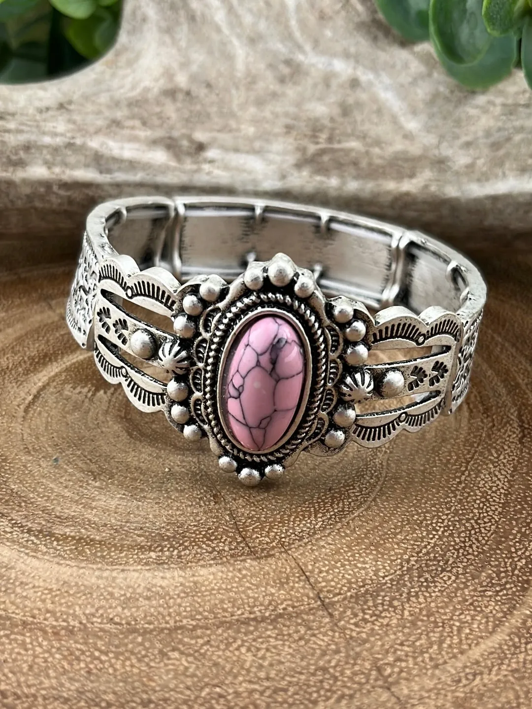 Easton Stamped Stretch Bracelet With Oval Center Stone