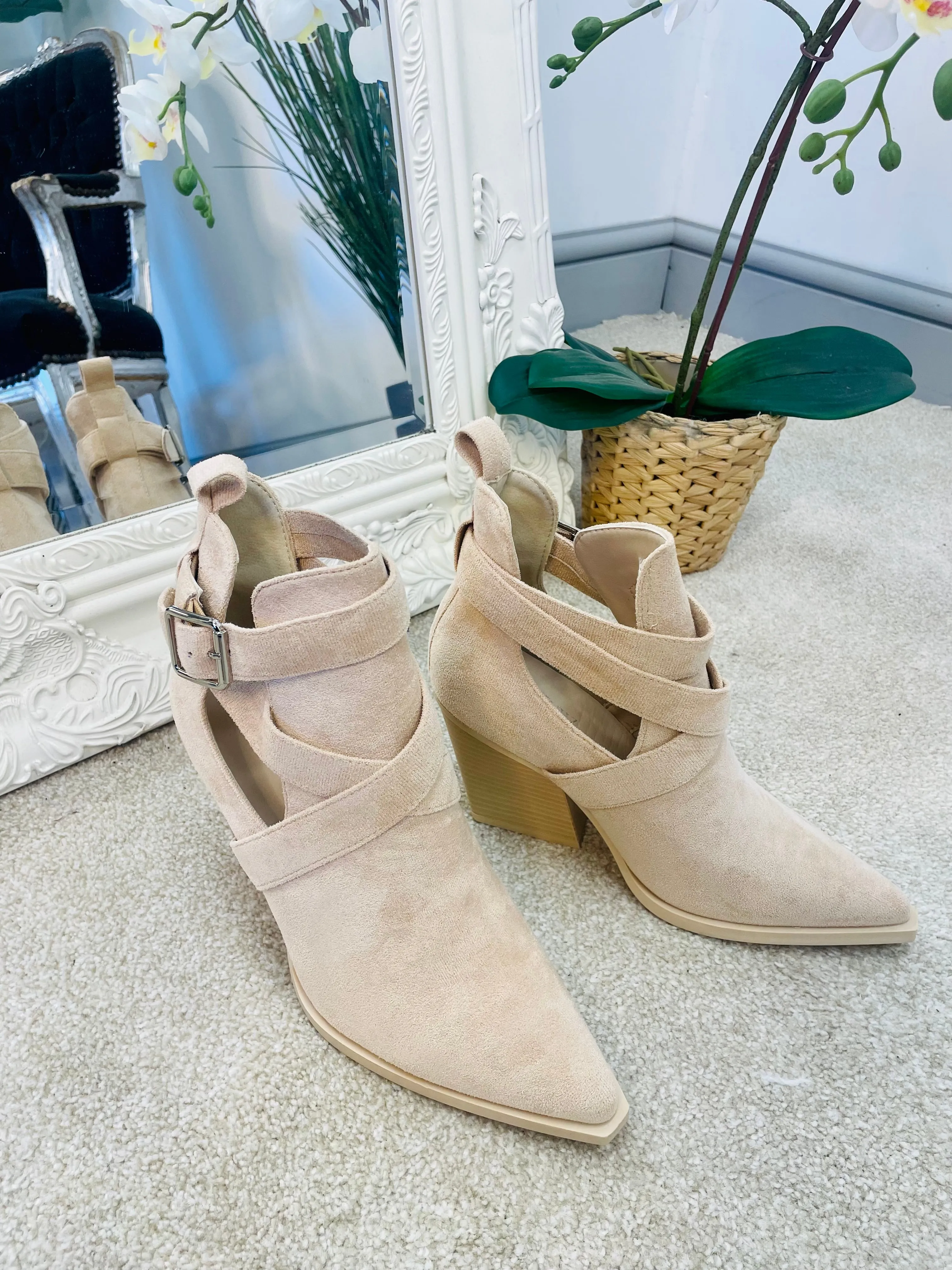 FAUX SUEDE CUT OUT COWBOY BOOTS ( 8690 ) - beige size 8 only