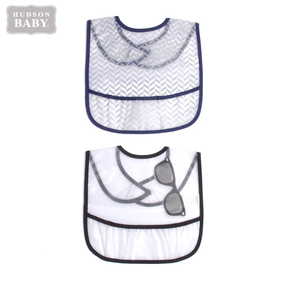 Hudson Baby 2 Pk PEVA Easy Clean Bibs With Crumb Catcher Pocket Glasses Print