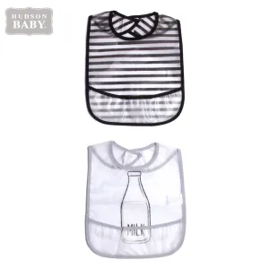 Hudson Baby 2 Pk PEVA Easy Clean Bibs With Crumb Catcher Pocket Milk Bottle
