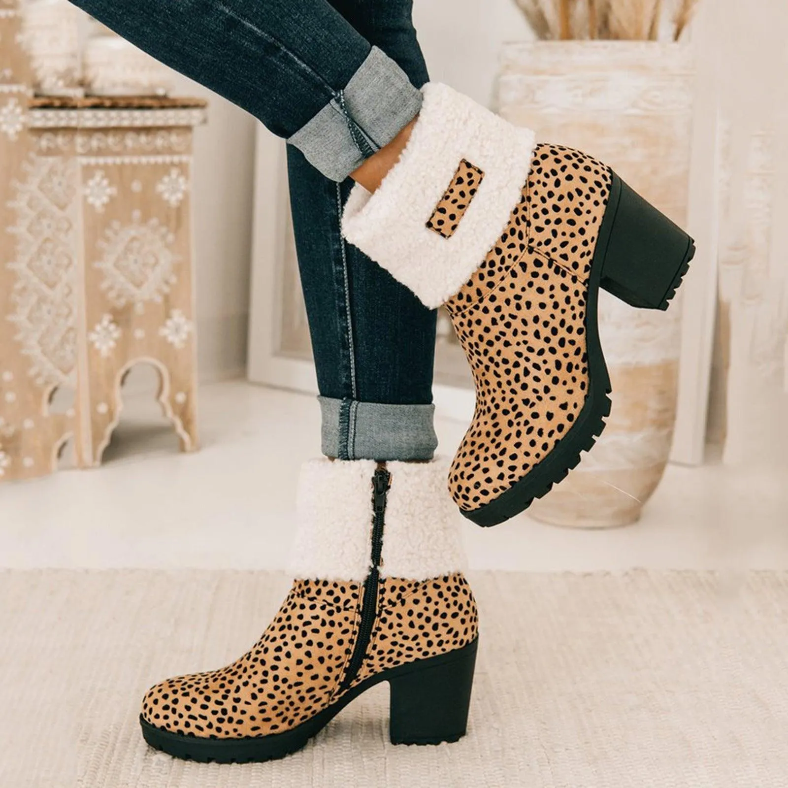 Libiyi High heel round toe fleece warm Martin boots