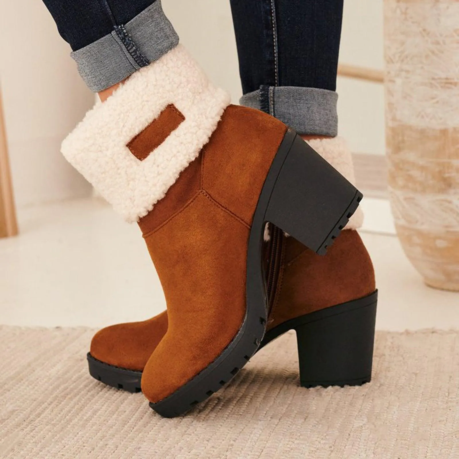 Libiyi High heel round toe fleece warm Martin boots