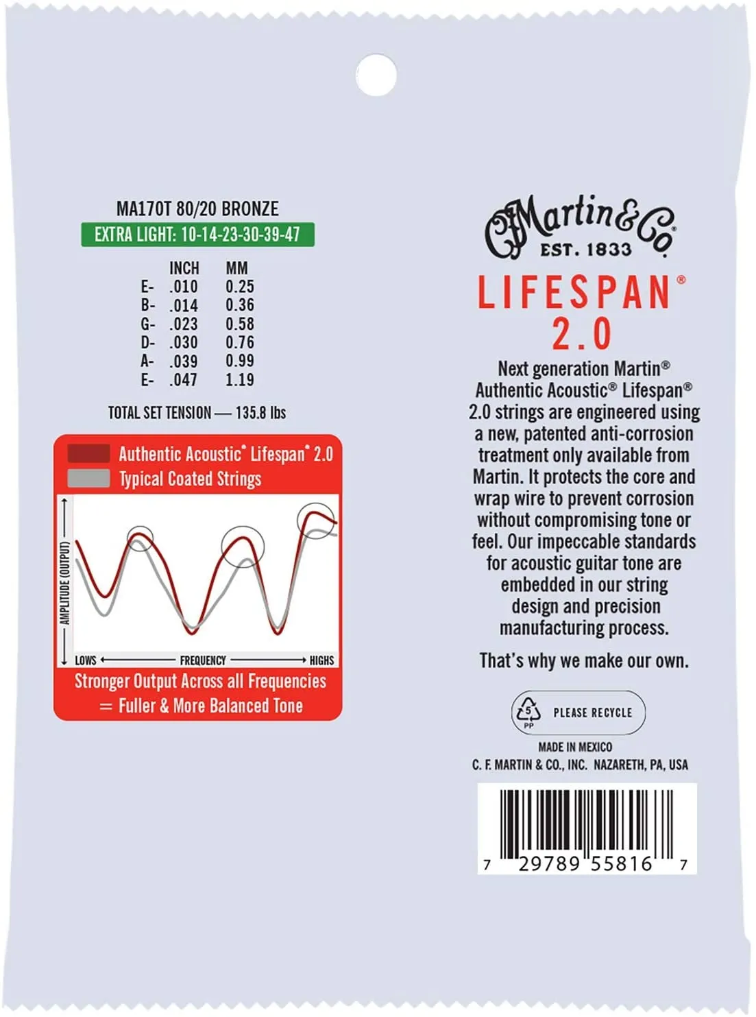 MARTIN MA170T EXTRA LIGHT 10 - 47 BRONZE 80/20 AUTHENTIC ACOUSTIC LIFESPAN® 2.0 GUITAR STRINGS