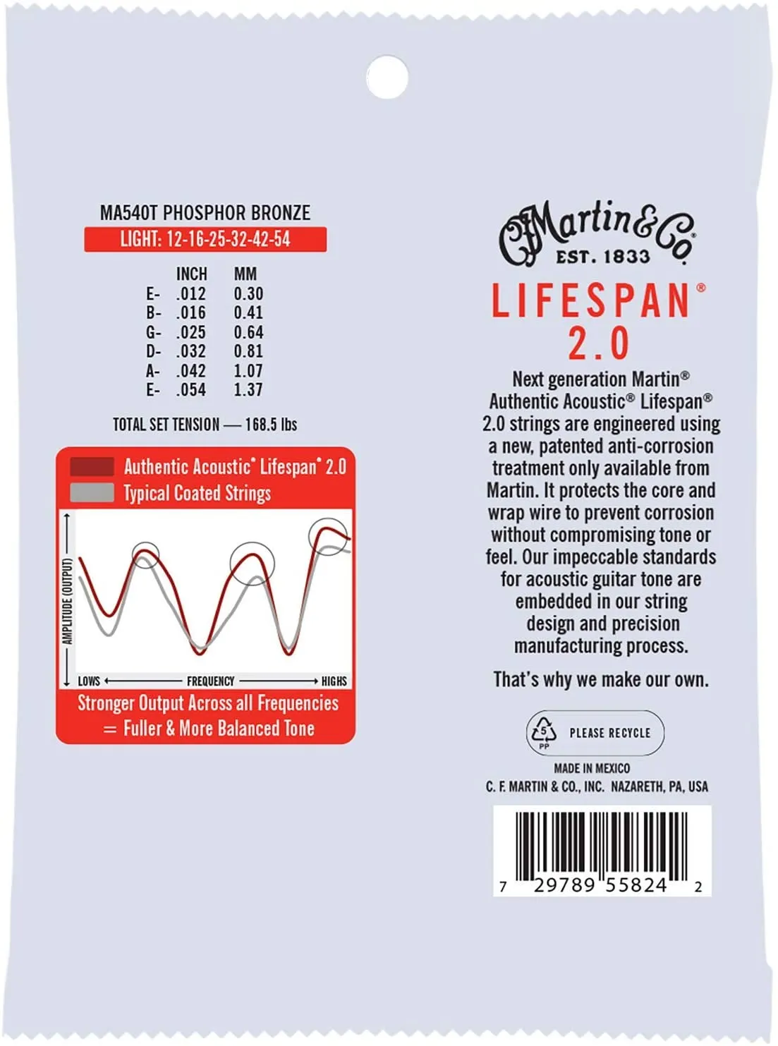 MARTIN MA540T LIGHT 12 - 54 PHOSPHOR BRONZE AUTHENTIC ACOUSTIC LIFESPAN® 2.0 GUITAR STRINGS