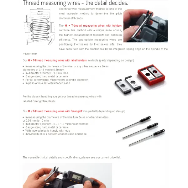 Martin Tschopp 501-16 Thread measuring wires with micrometer holder Diameter : 3.20mm/1.2598'' Accuracy : 0.001mm/.00005'' Micrometer Spindle : 6 35mm For 5TPI & 4.5TPI pitch