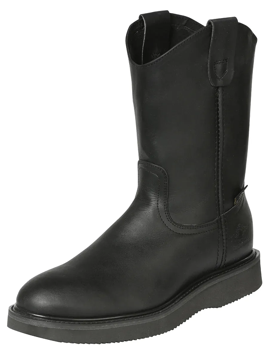 Men's Genuine Leather Pull-On Soft Toe Work Boots 'El General' Black 126044