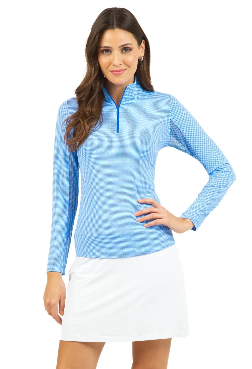 Mini Check Long Sleeve Mock Neck Top