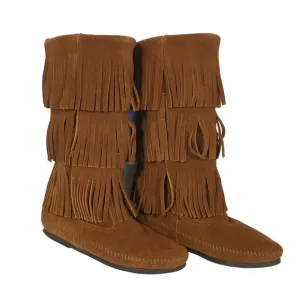 Minnetonka Brown 3-Layer Fringe Pull On Boot, Women's 6