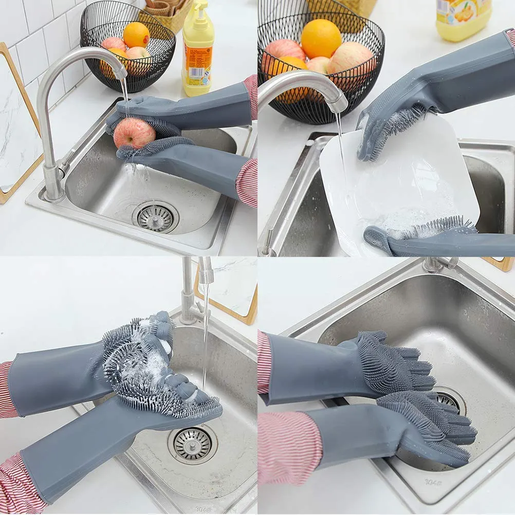 Multi Purpose Silicone Dishwashing Gloves with Bristles (Silver)