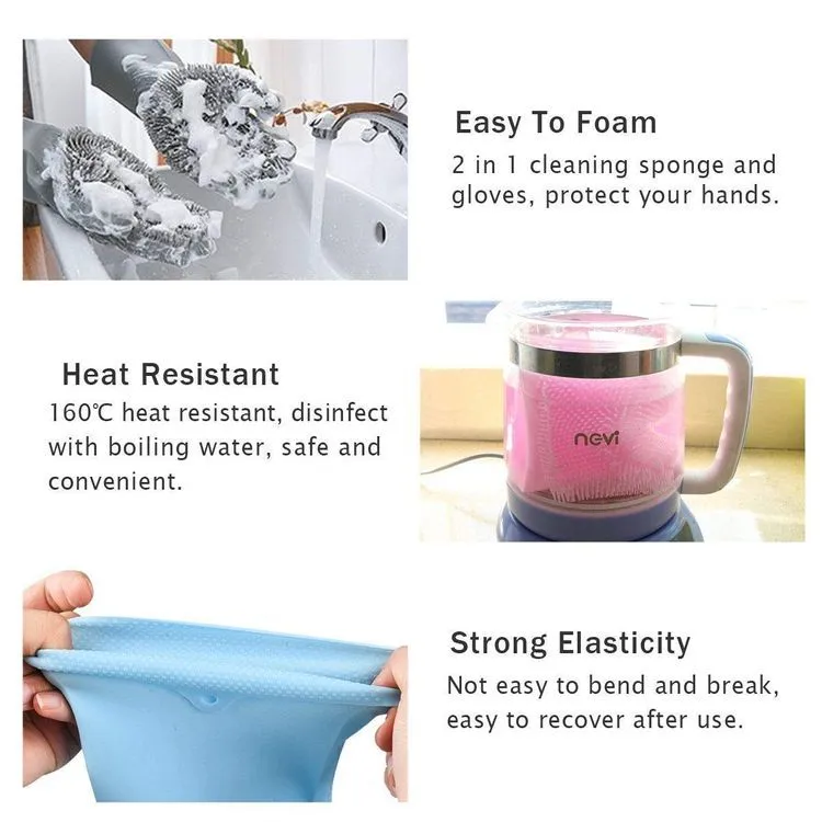 Multi Purpose Silicone Dishwashing Gloves with Bristles (Silver)
