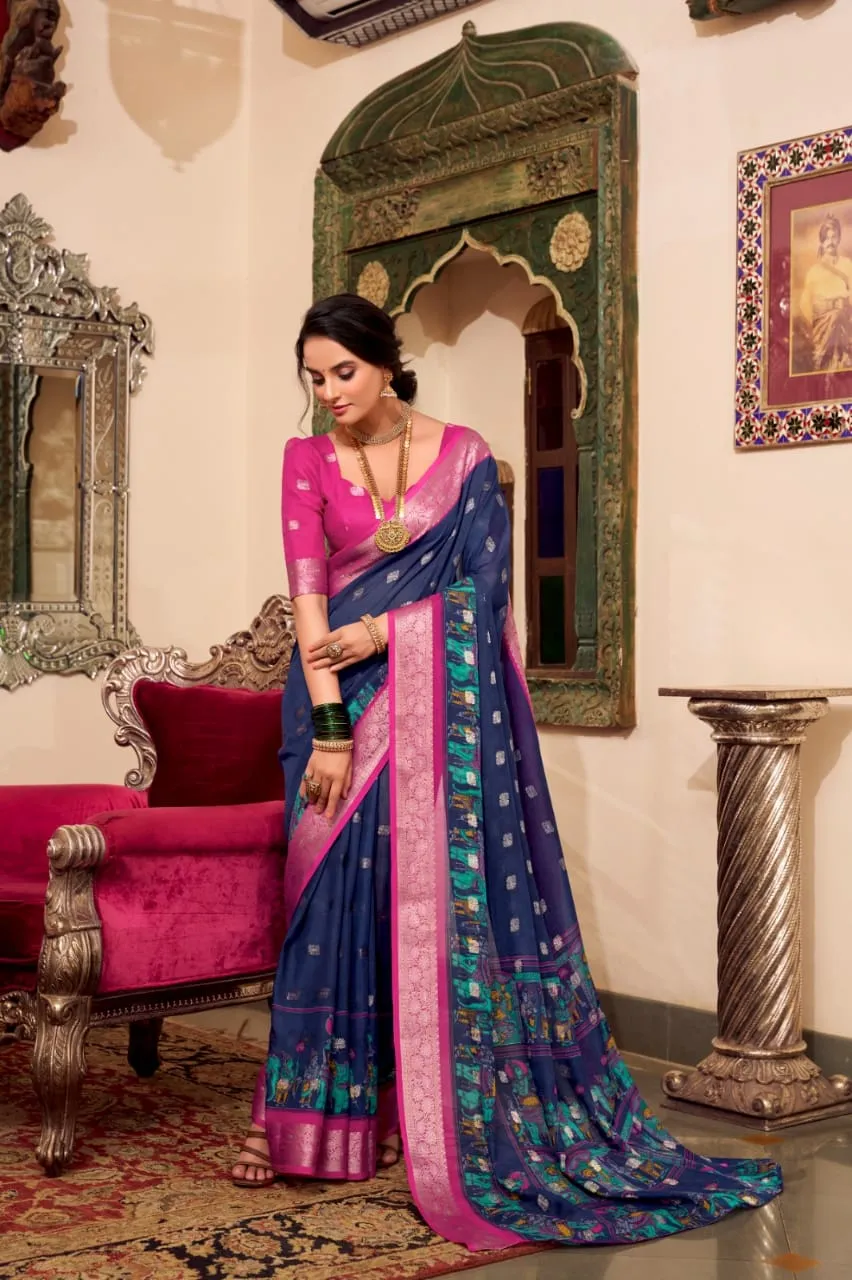 Navy Blue Poly Cotton Saree