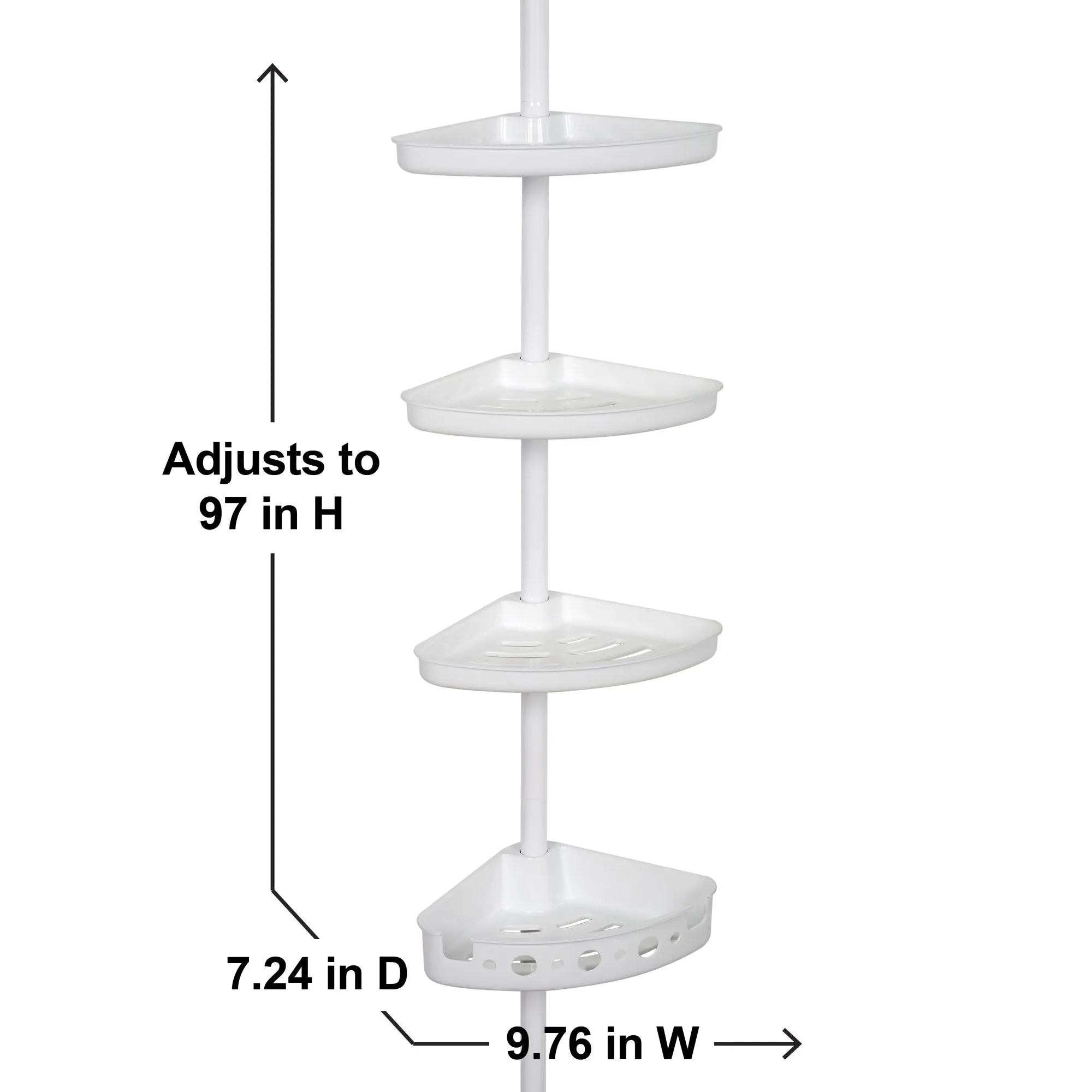 New White Tension Pole Shower Caddy with 4 Shelves, 60" to 97", Mainstays