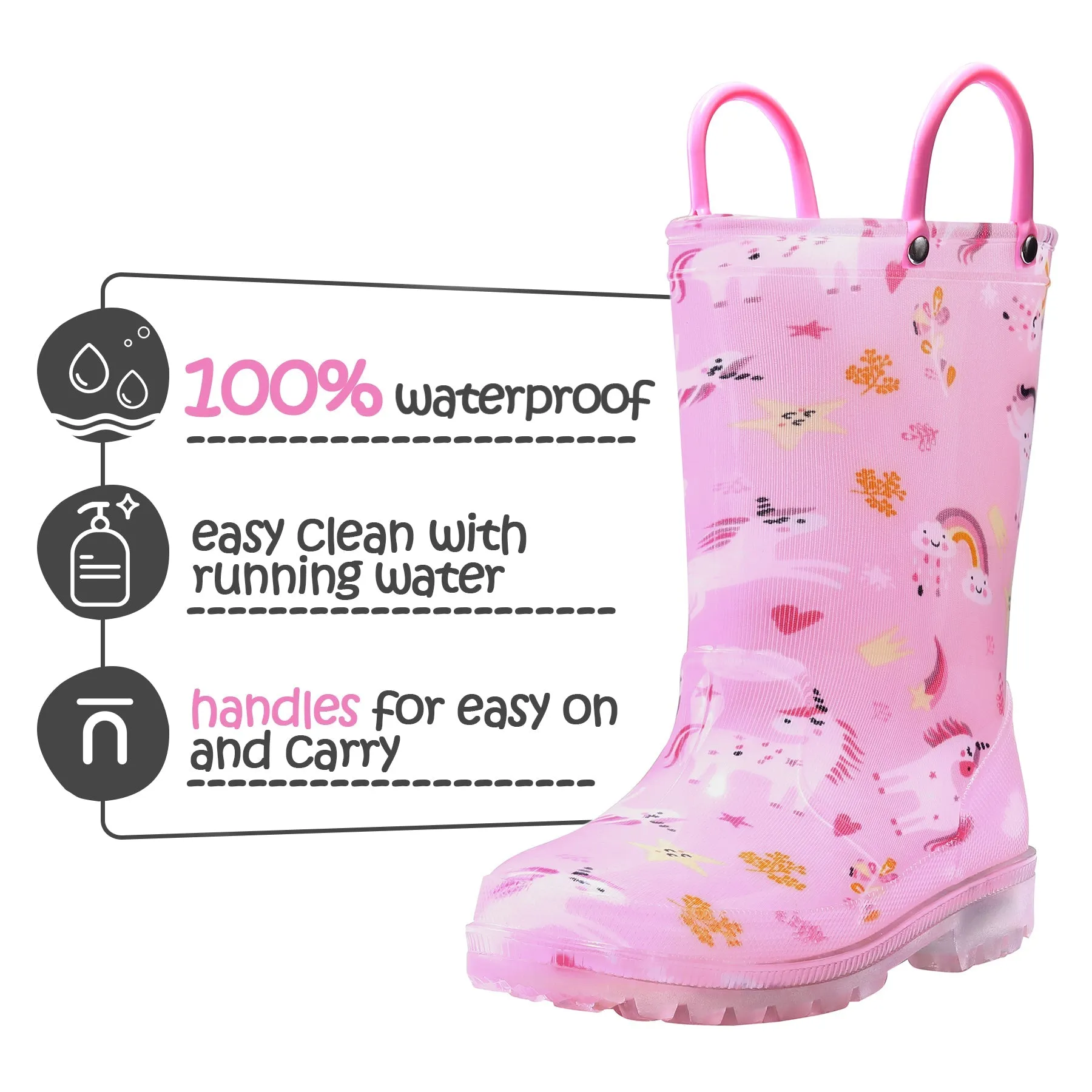 Pink Rainbow Unicorn Waterproof Lighted Rain Boots