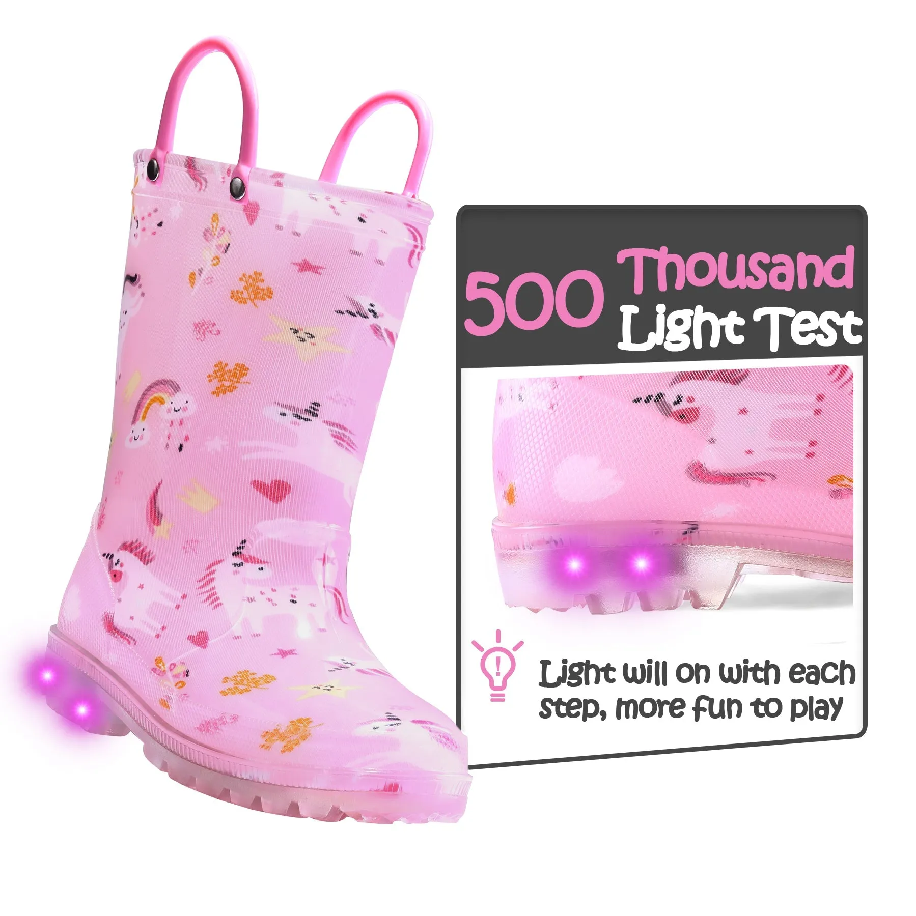 Pink Rainbow Unicorn Waterproof Lighted Rain Boots