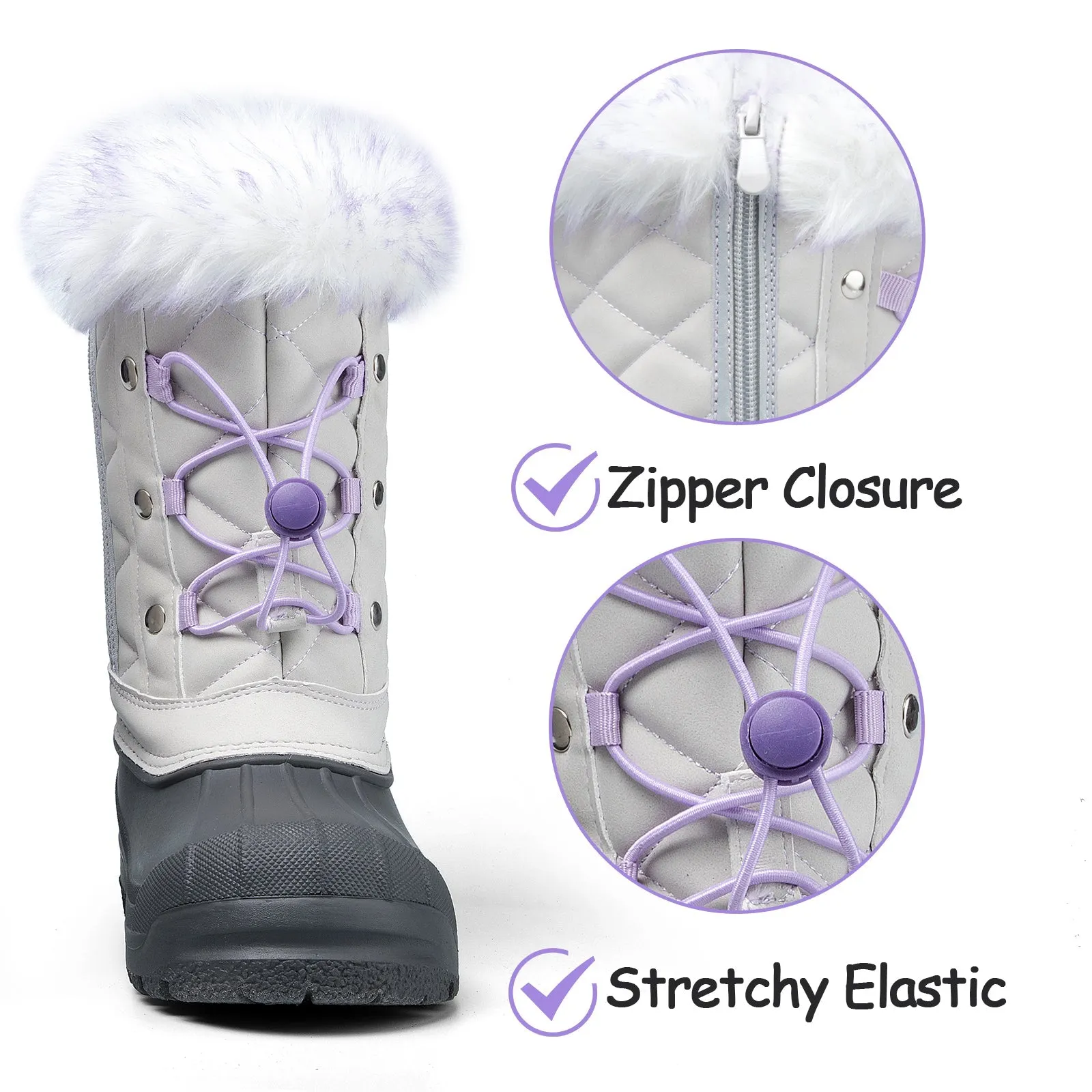 Purple Lace Gray Snow Boots with Fur Collar