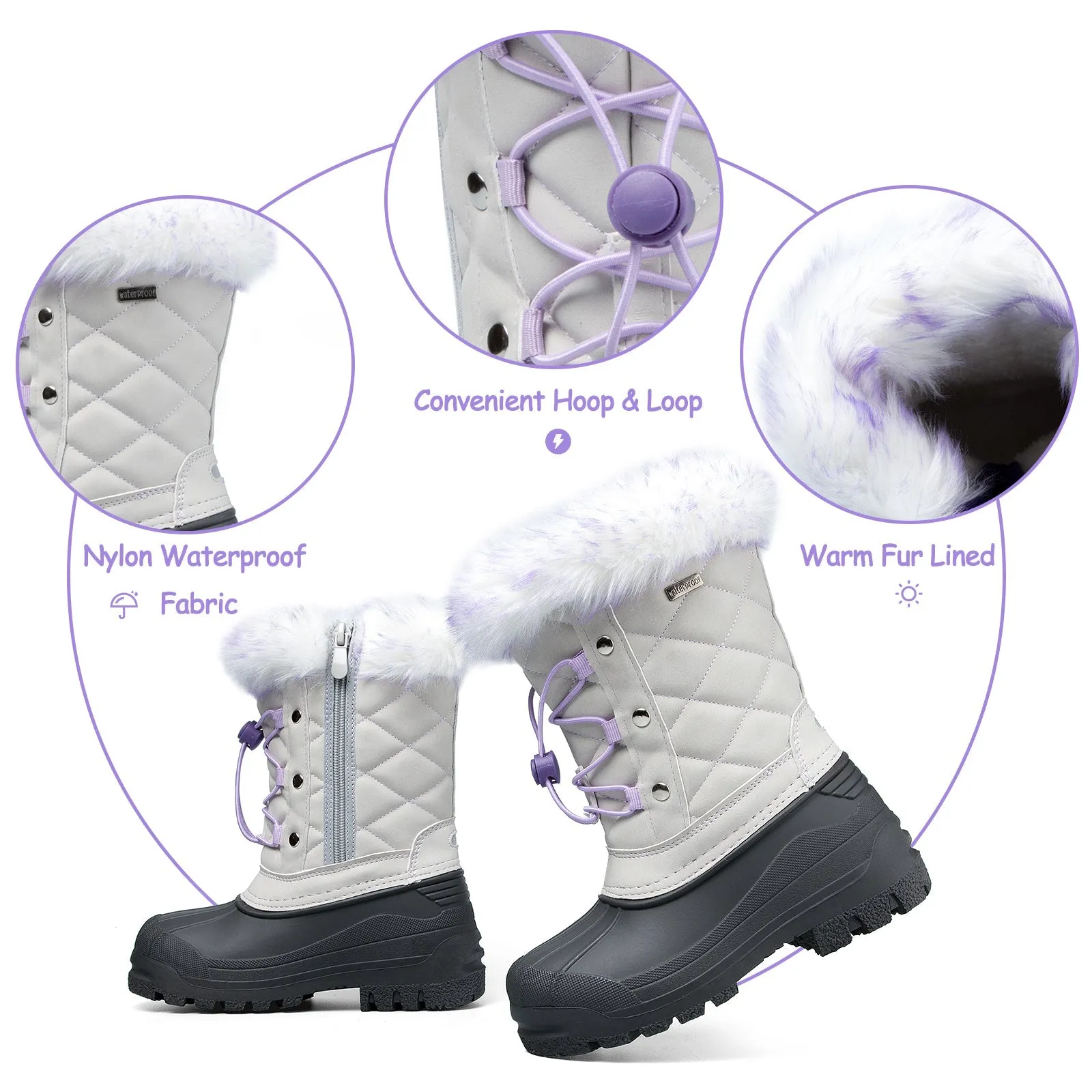 Purple Lace Gray Snow Boots with Fur Collar