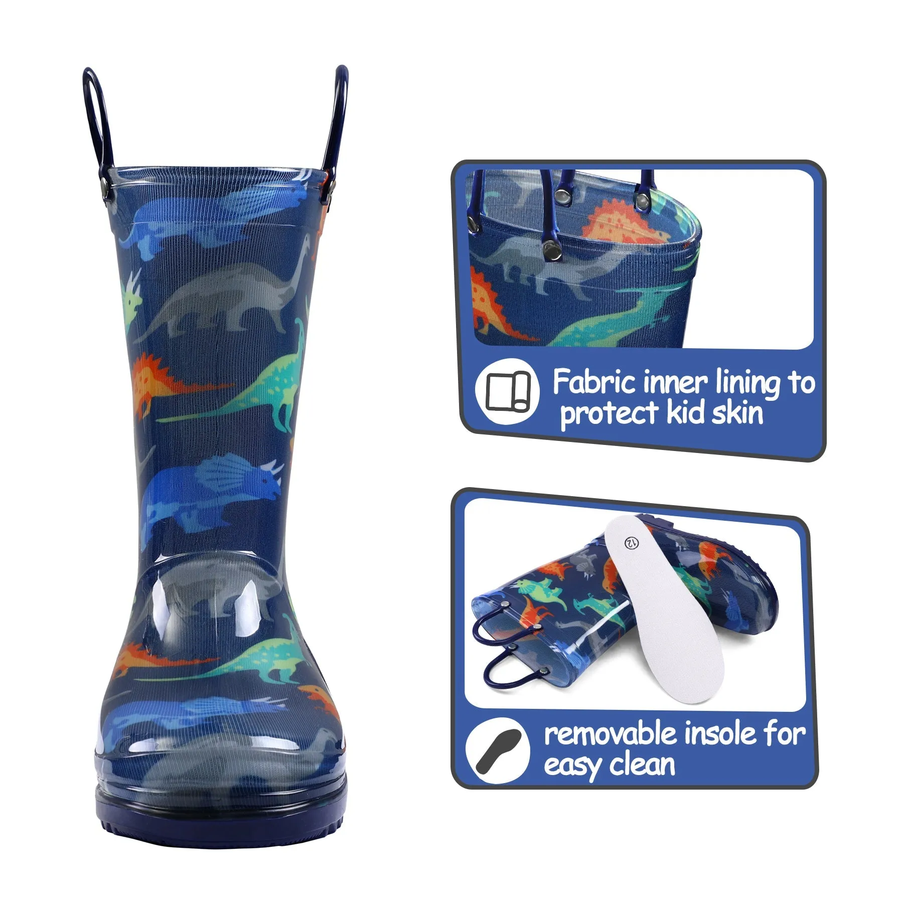 PVC Multicolor Dinosaur Blue Rubber Rain Boots
