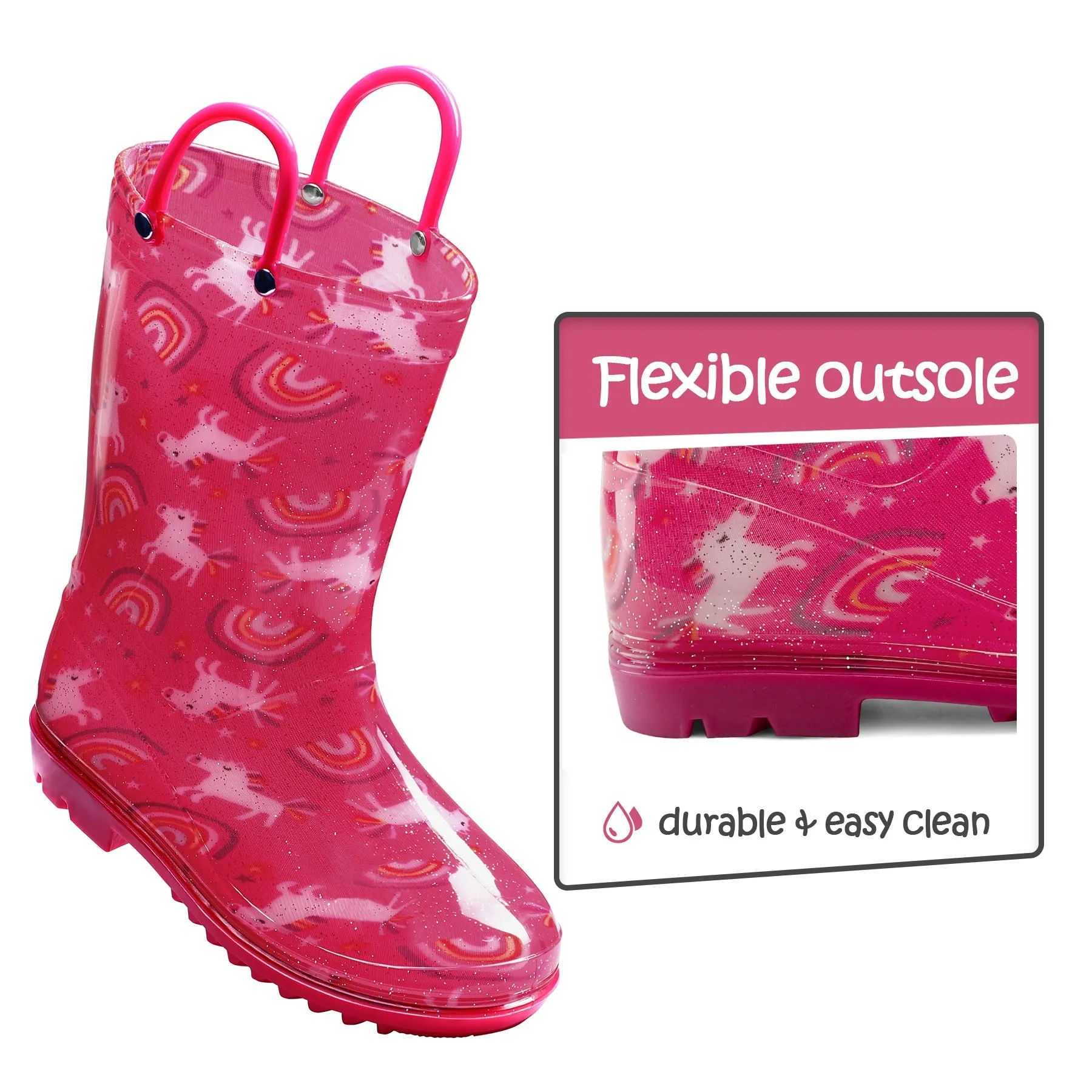 Rainbow Unicorn Red Rain Boots with Handles