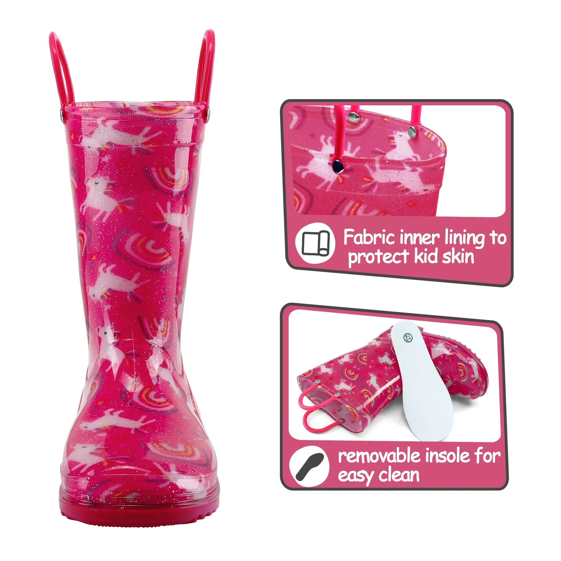 Rainbow Unicorn Red Rain Boots with Handles