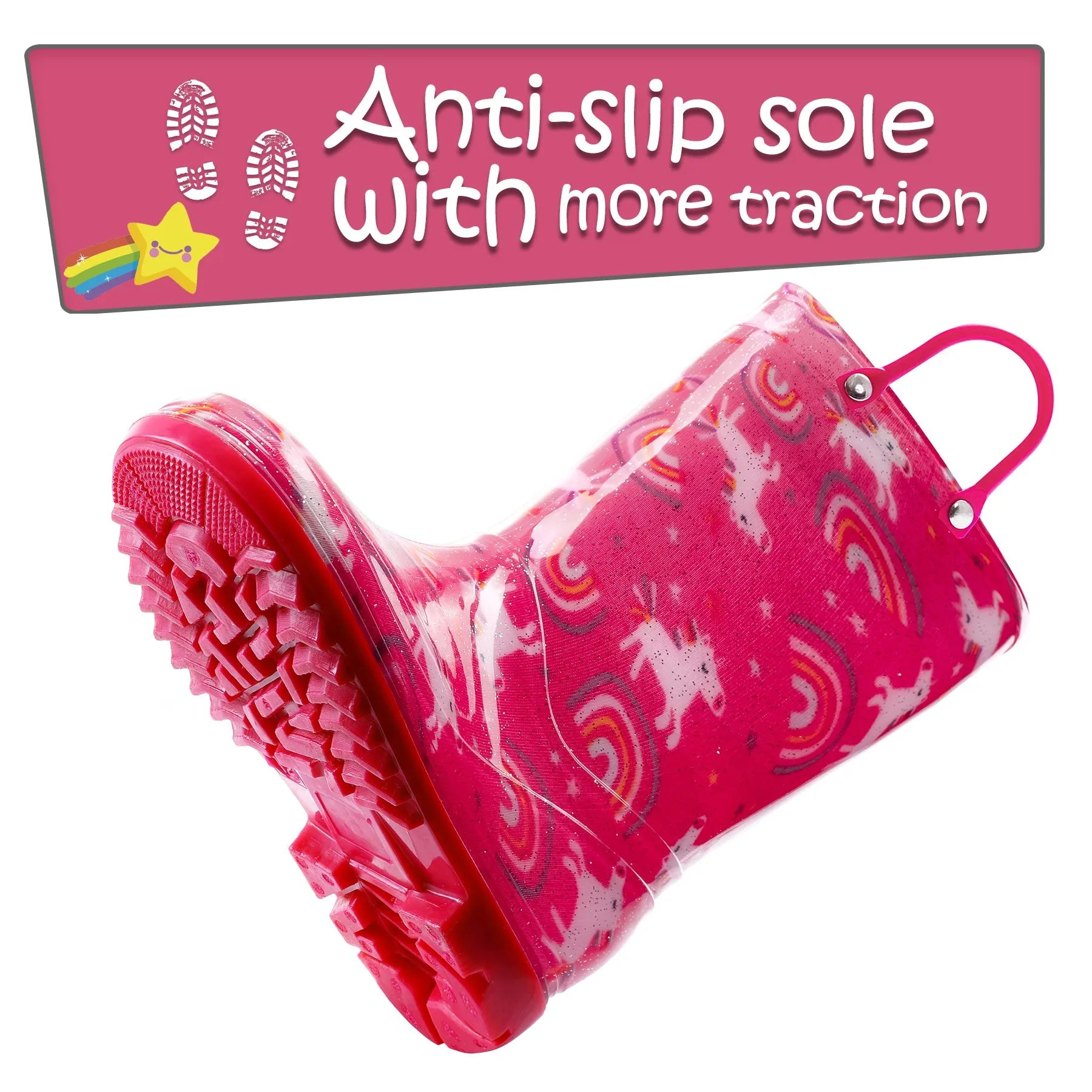 Rainbow Unicorn Red Rain Boots with Handles
