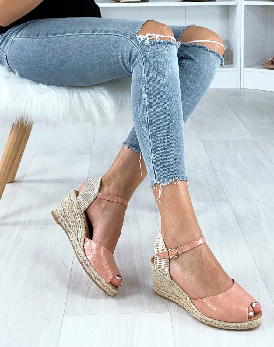 Sandales espadrilles compensées roses effet croco et corde