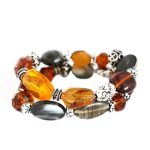 SILVER-TORTOISE BROWN BEAD AND MOTHER OF PEARL STRETCH BRACELET SET OF 2PCS  #SB32315_SIL_OX-TORT (MC7/MB7)
