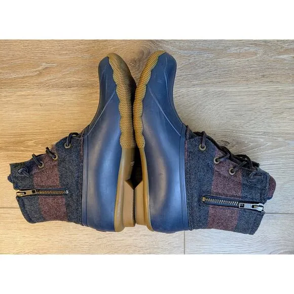 Sperry Topsider Saltwater Varsity Navy Wine Stripe Wool Rubber Duck Boot 8.5