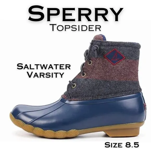 Sperry Topsider Saltwater Varsity Navy Wine Stripe Wool Rubber Duck Boot 8.5