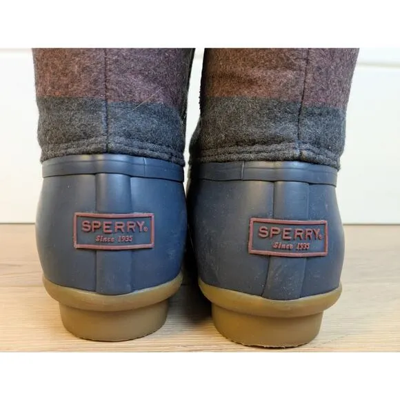 Sperry Topsider Saltwater Varsity Navy Wine Stripe Wool Rubber Duck Boot 8.5