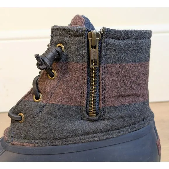 Sperry Topsider Saltwater Varsity Navy Wine Stripe Wool Rubber Duck Boot 8.5