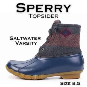 Sperry Topsider Saltwater Varsity Navy Wine Stripe Wool Rubber Duck Boot 8.5