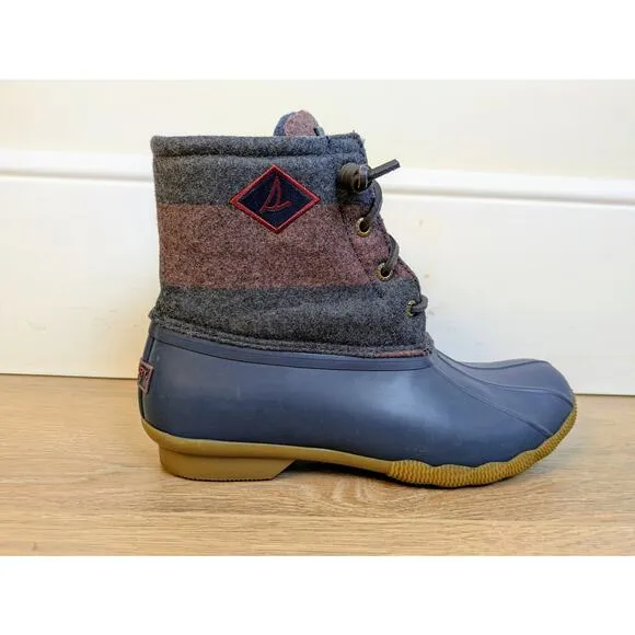 Sperry Topsider Saltwater Varsity Navy Wine Stripe Wool Rubber Duck Boot 8.5