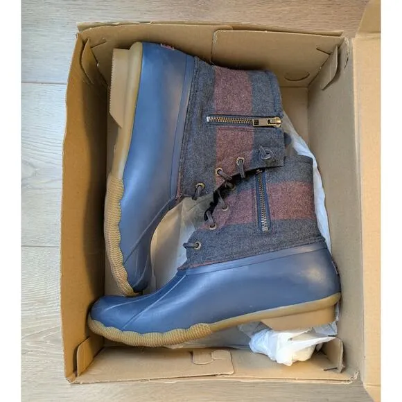 Sperry Topsider Saltwater Varsity Navy Wine Stripe Wool Rubber Duck Boot 8.5