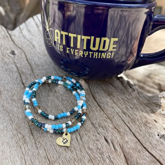 Stretch necklace or triple wrap bracelet with brass coffee charm