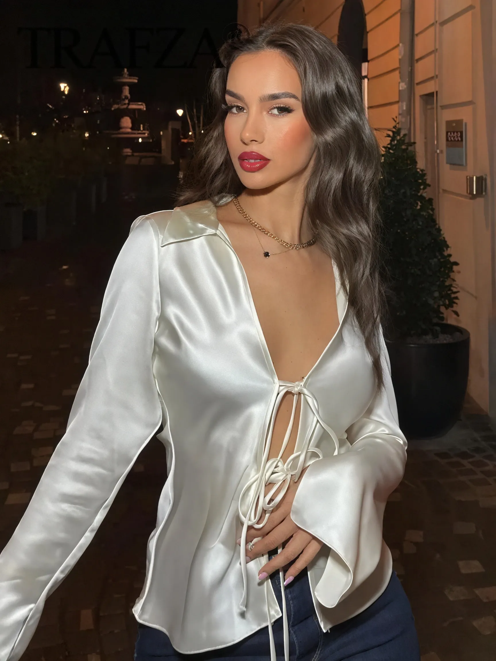 Tie-Front Blouse with V-Neck