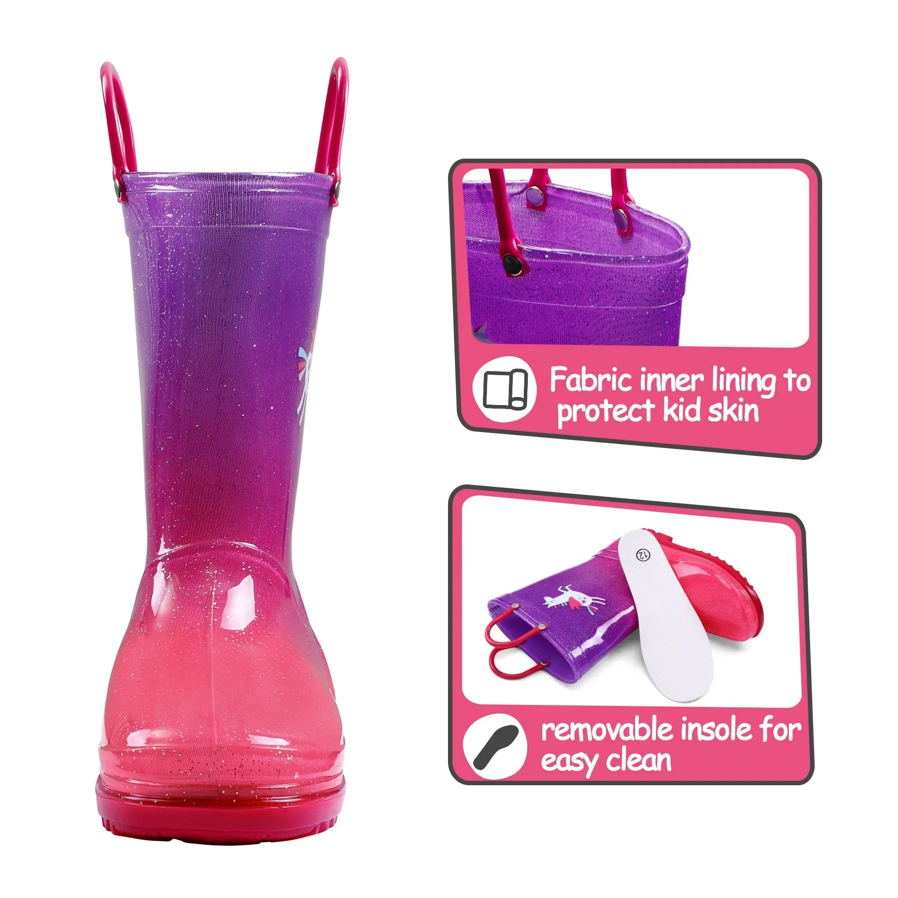 Unicorn Glitter Magenta Gradient Rubber Rain Boots