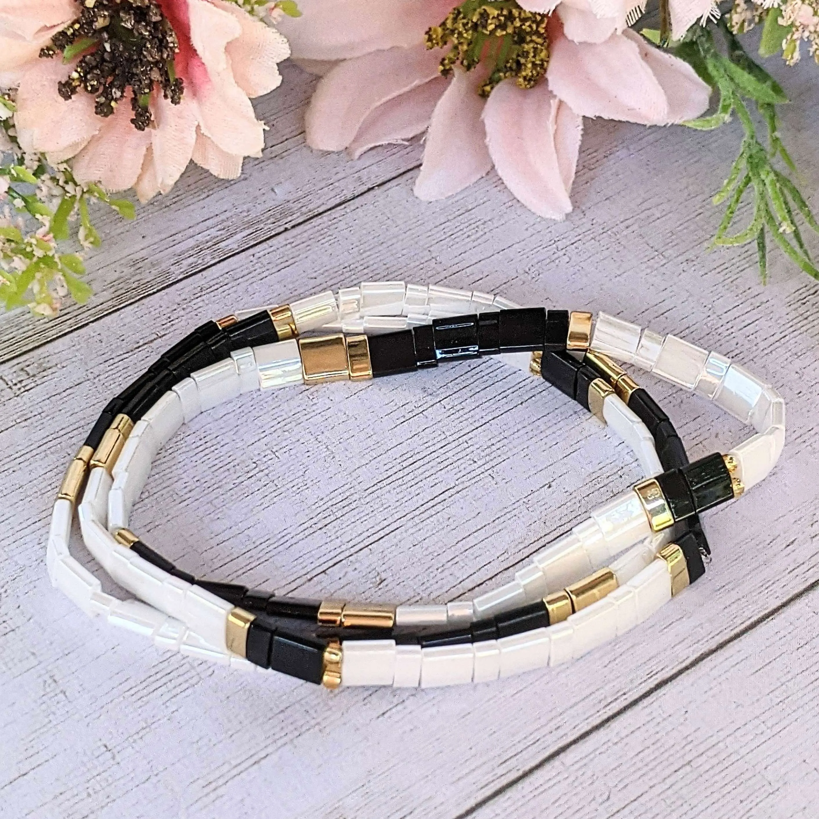 White and Black Miyuki Tila Bead Stretch Bracelet
