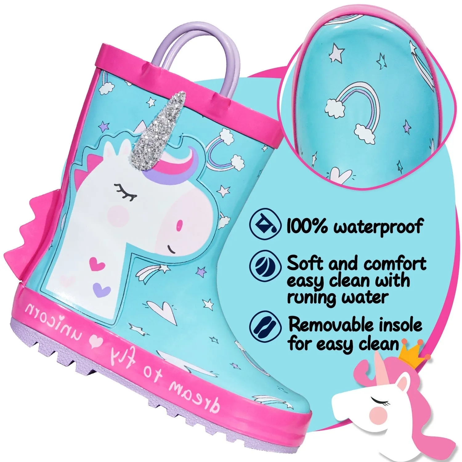White Unicorn Purple Handle Cyan Rubber Rain Boots