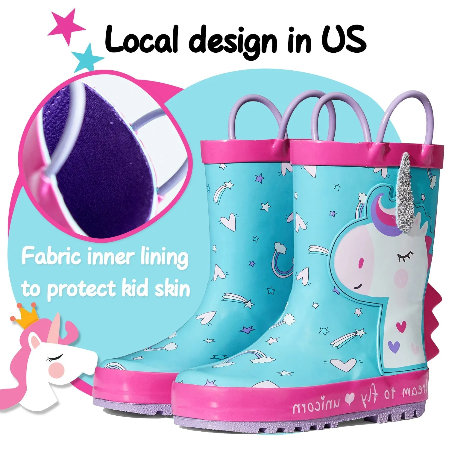 White Unicorn Purple Handle Cyan Rubber Rain Boots