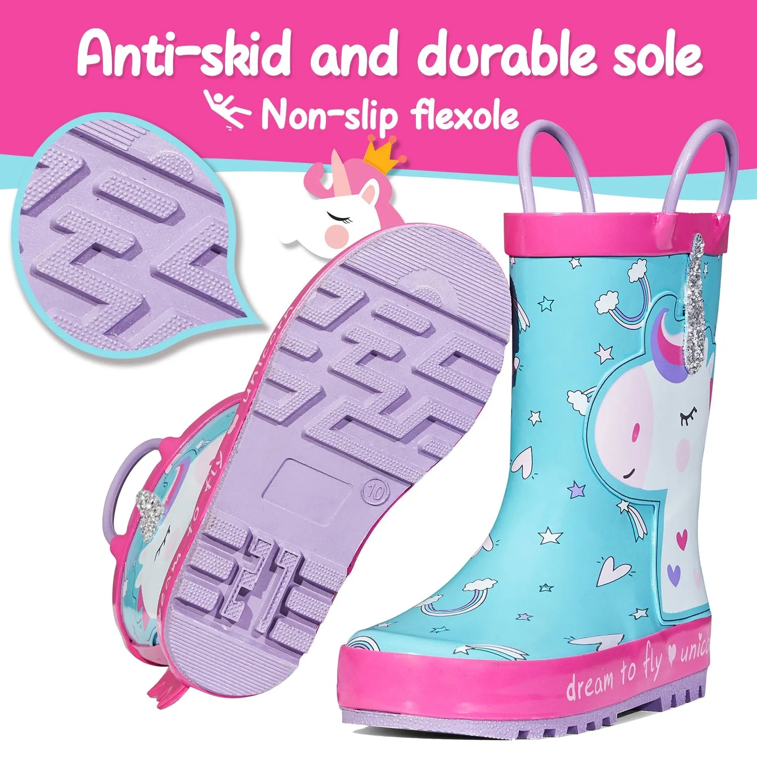 White Unicorn Purple Handle Cyan Rubber Rain Boots