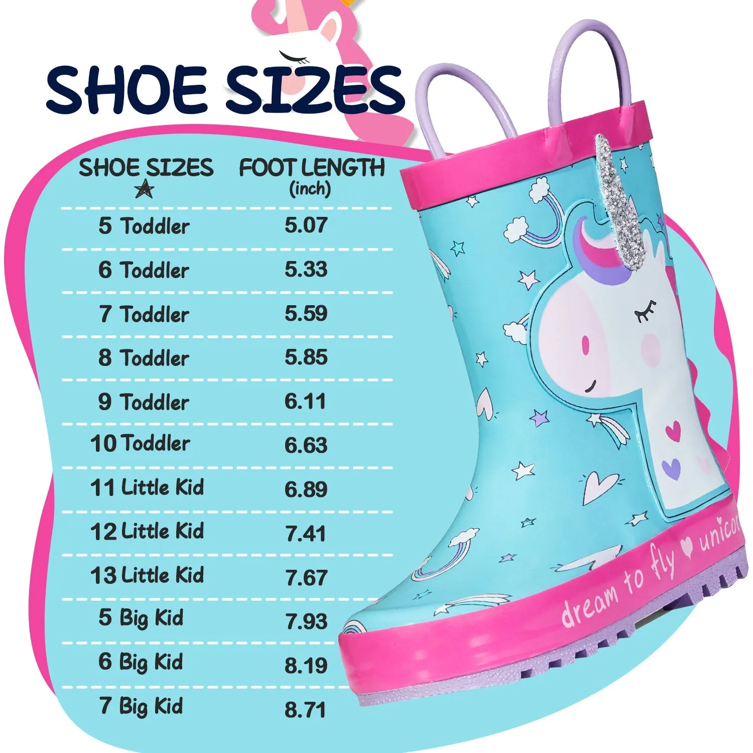 White Unicorn Purple Handle Cyan Rubber Rain Boots